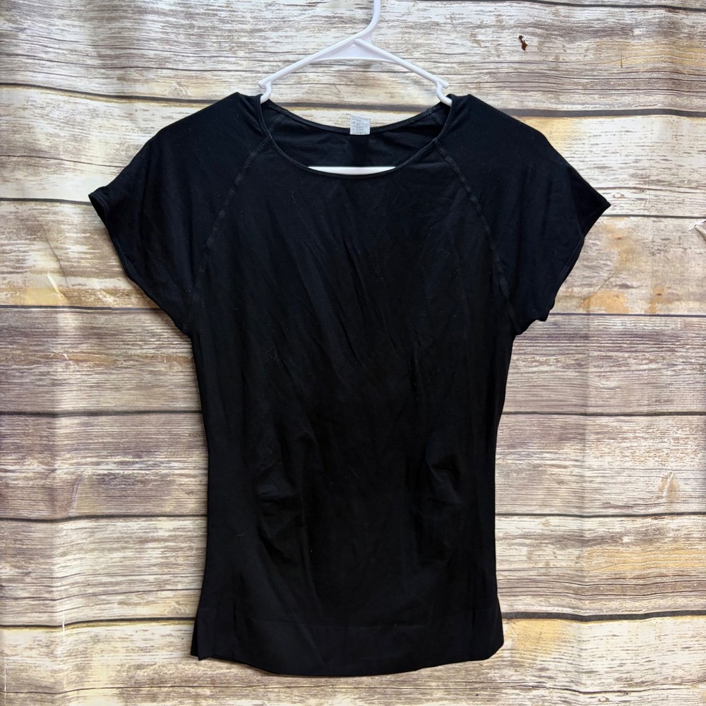 MD Women Black Activewear Short Sleeve Top Bamboo Rayon Blend XL Scoop Neck